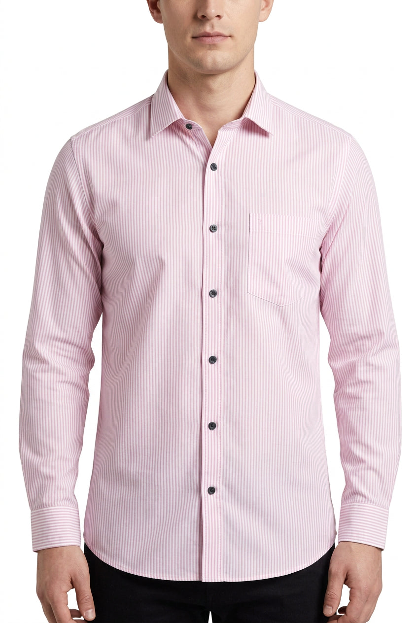 Pink Micro stripes on white background Soktas shirting fabric sold by mensfabric.com