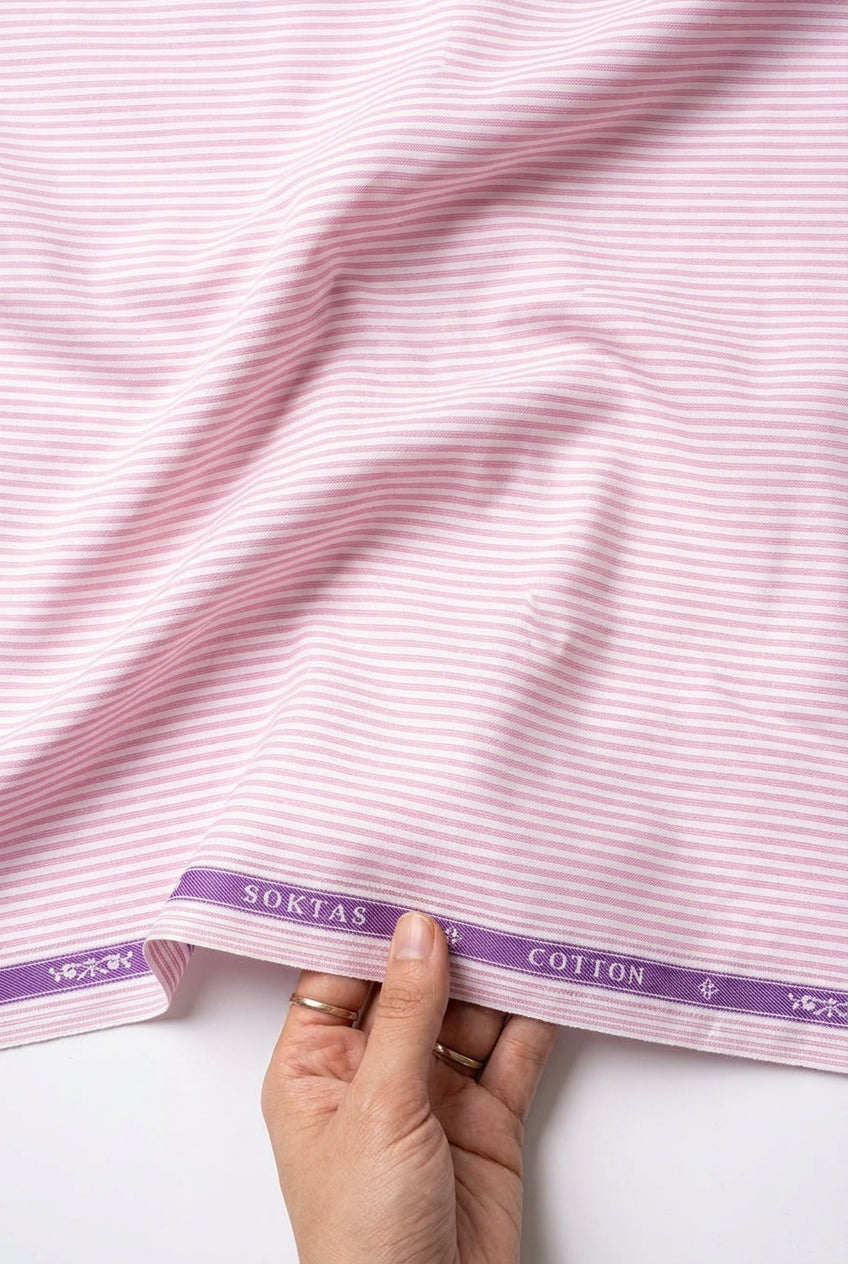 Pink Micro stripes on white background Soktas shirting fabric sold by mensfabric.com