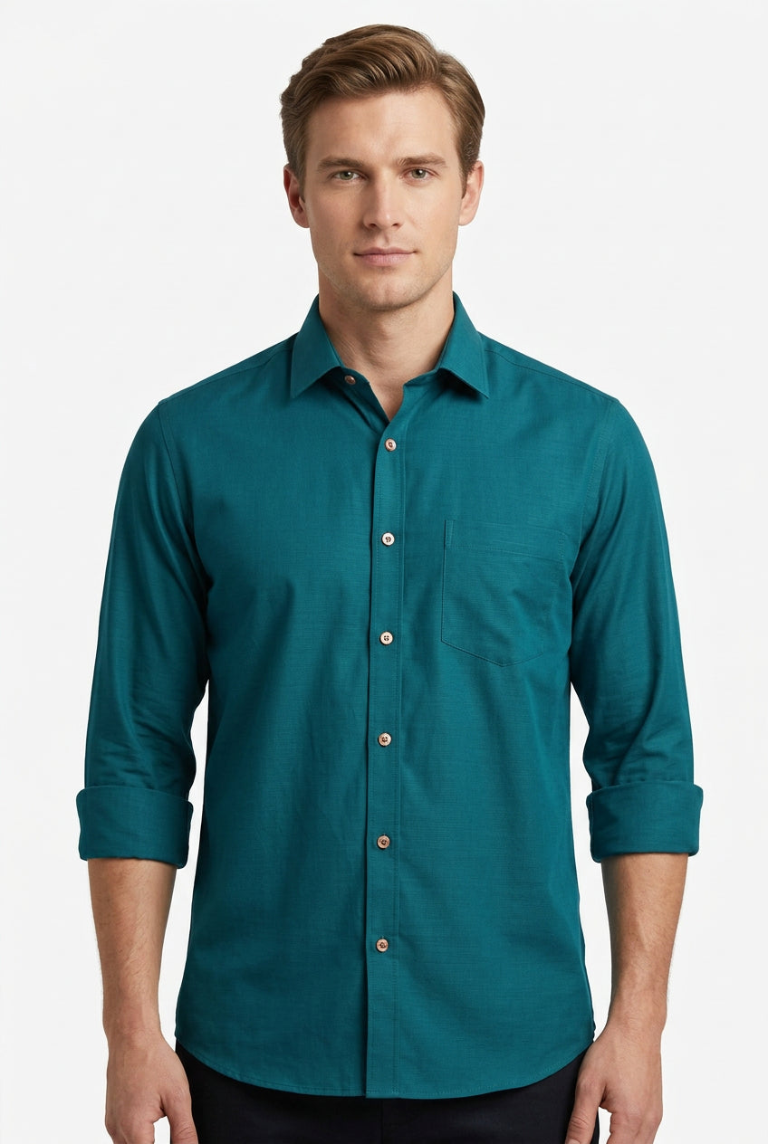 Peacock Green plain Soktas shirting fabric sold by mensfabric.com