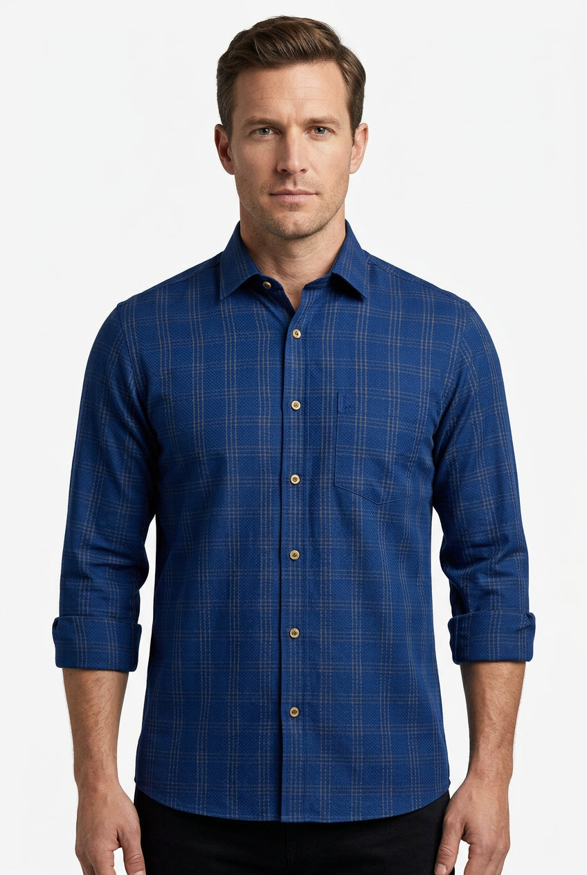 Royal Blue with small yellow dobby checks Soktas shirting fabric