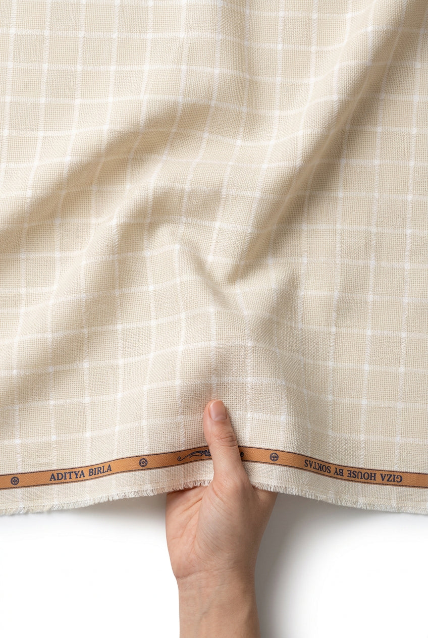 Light Beige Dobby Checks on white background Soktas shirting fabric sold by mensfabric.com