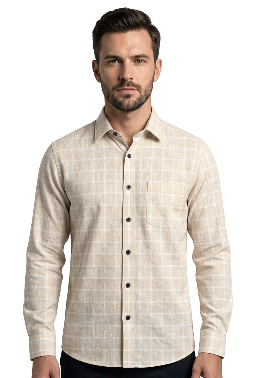 Light Beige Dobby Checks on white background Soktas shirting fabric sold by mensfabric.com