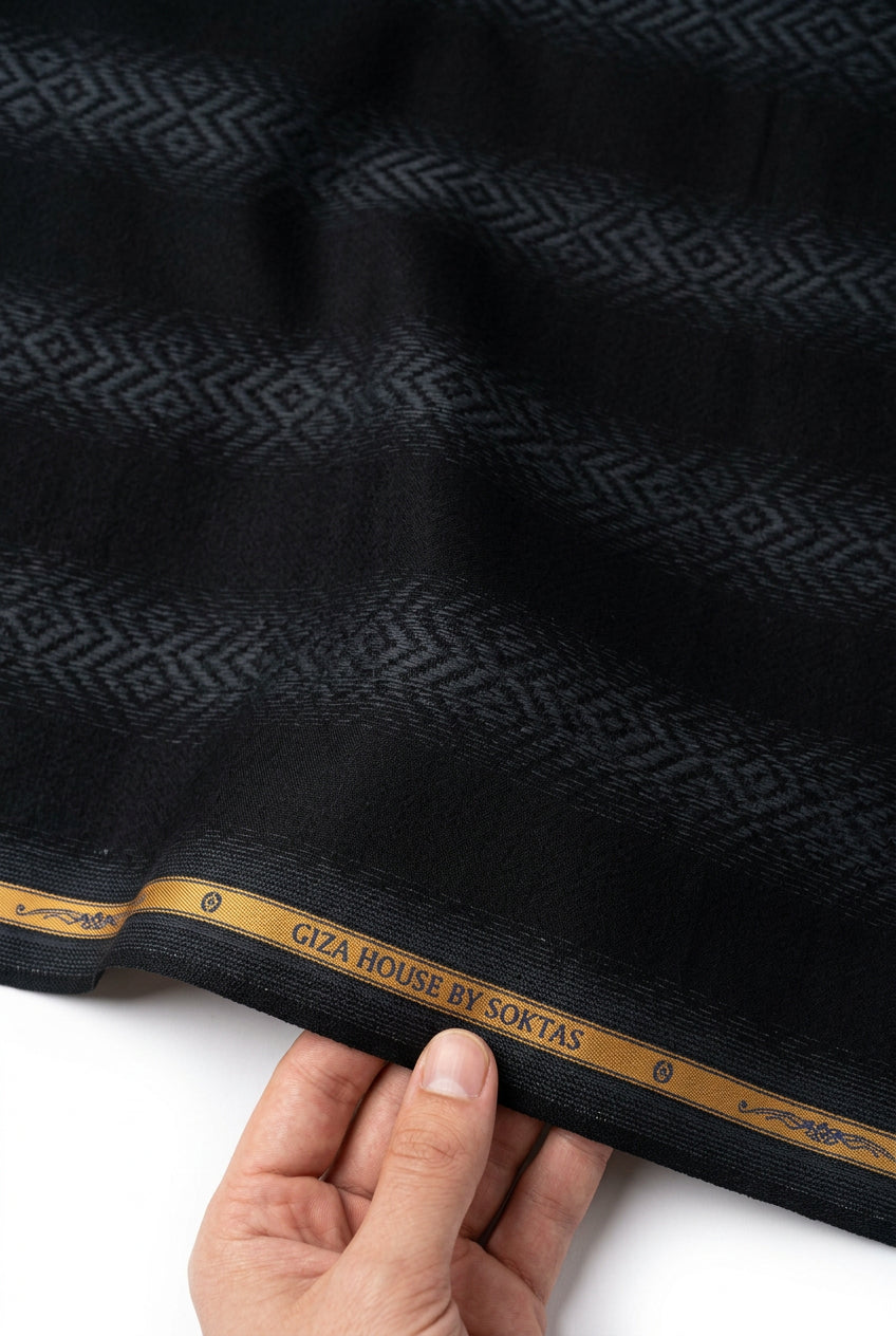 Black & Grey Dobby Bold Stripe Soktas Shirting Fabric sold by mensfabric.com