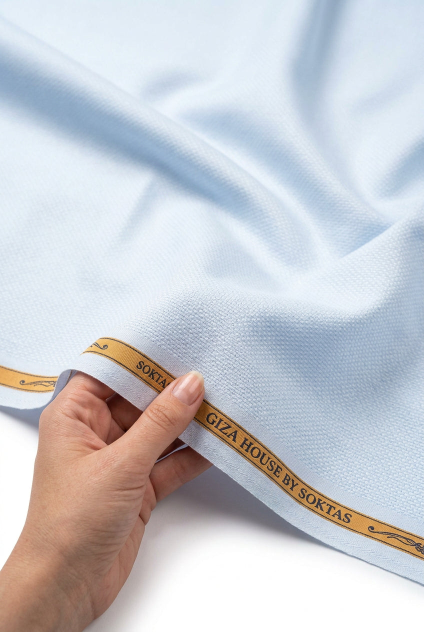 Sky blue dobby pattern Soktas shirting fabric sold by mensfabric.com