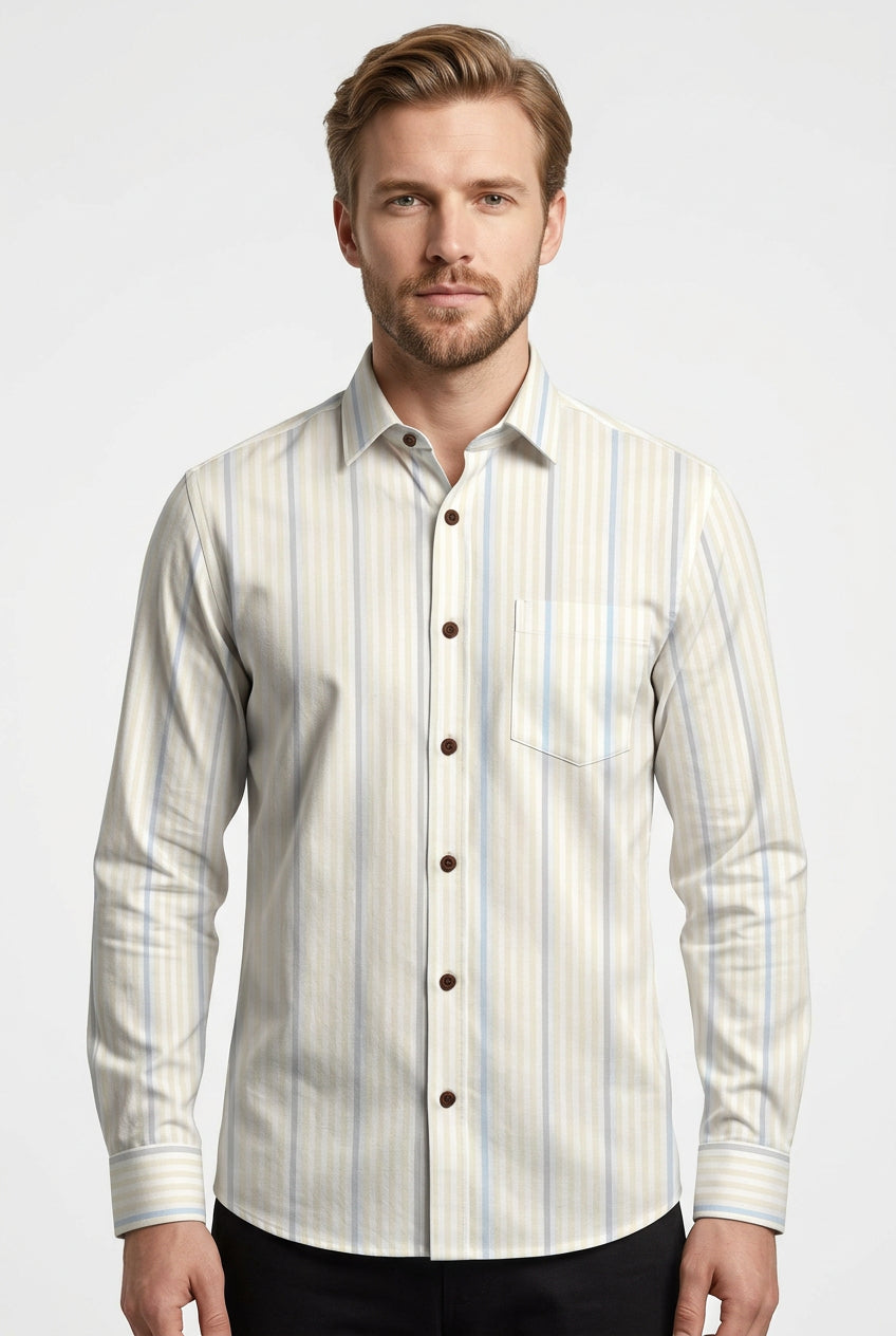 Grey-Yellow-Blue Stripe on hite background Soktas shirting fabric sold by mensfabric.com