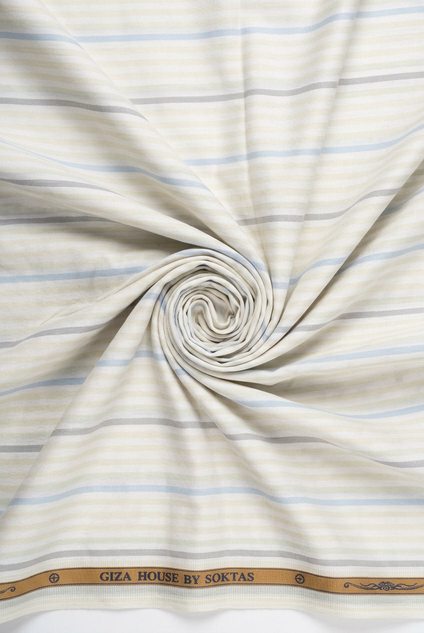 Grey-Yellow-Blue Stripe on hite background Soktas shirting fabric sold by mensfabric.com