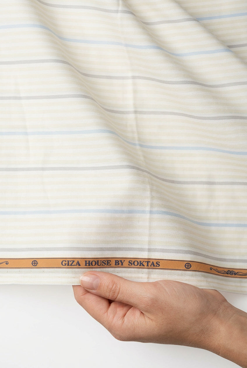 Grey-Yellow-Blue Stripe on hite background Soktas shirting fabric sold by mensfabric.com