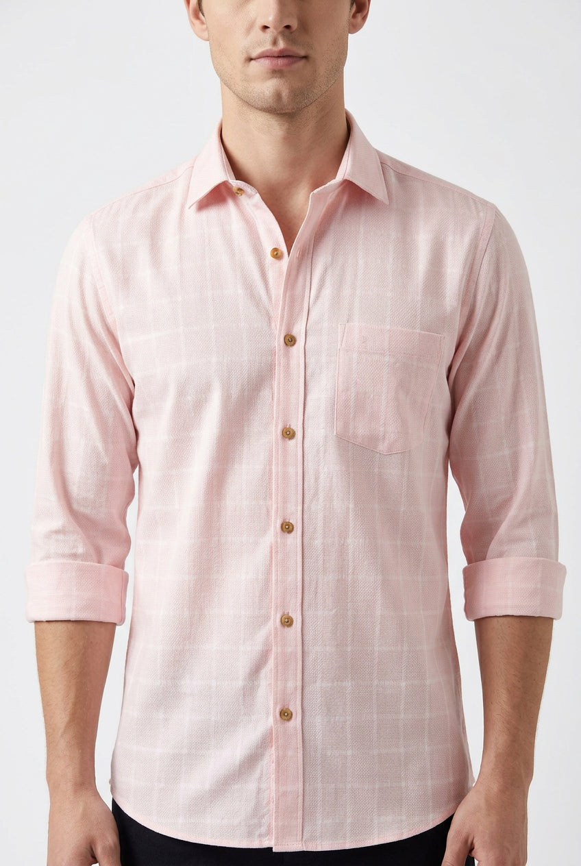 Peach coloured small dobby self checks on white background Soktas shirting fabric