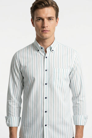 Green & Grey Stripe on white background soktas shirting fabric
