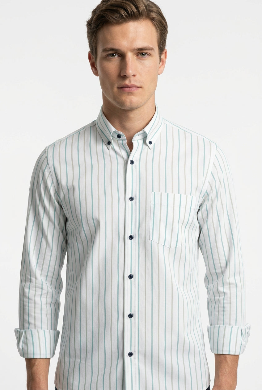 Green & Grey Stripe on white background soktas shirting fabric