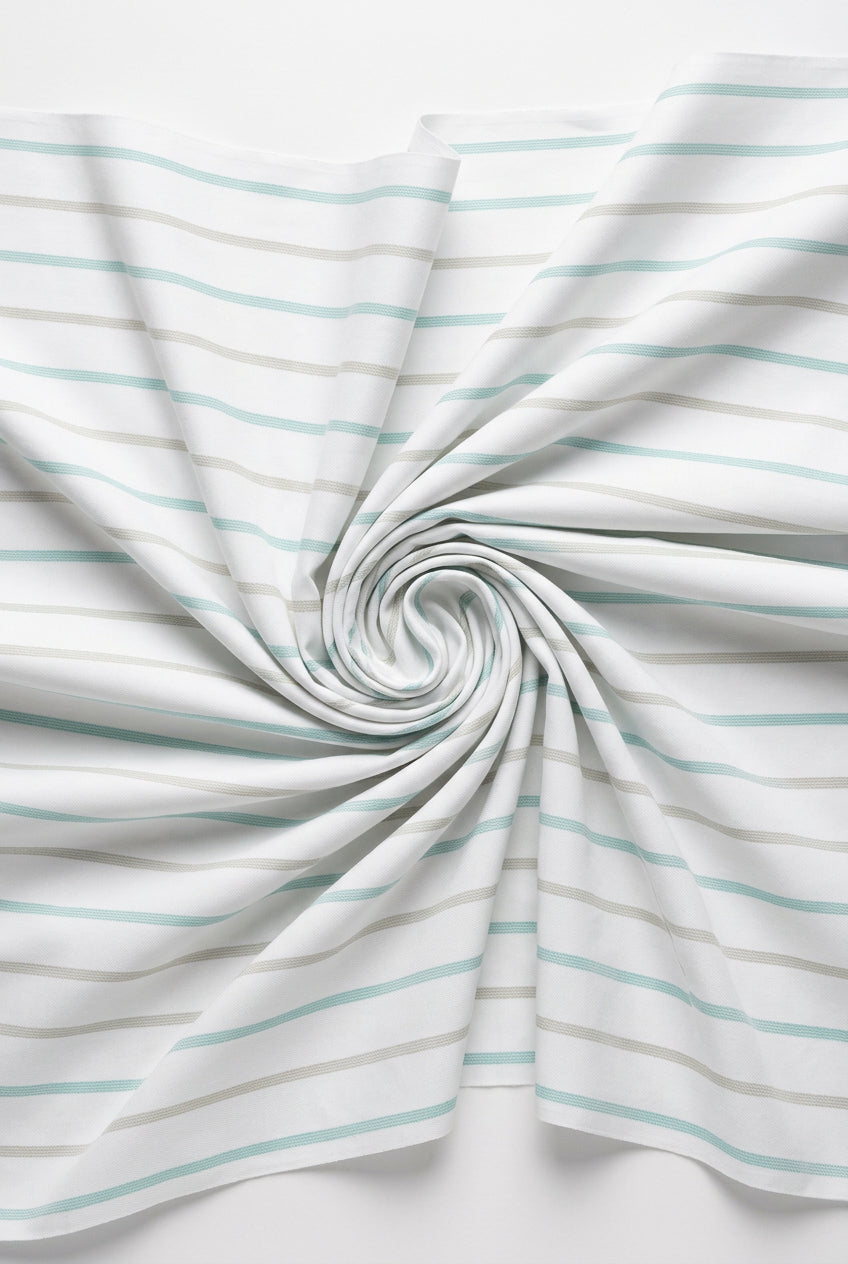 Soktas Giza Cotton Shirting Fabric - Green & Grey Stripe on white Background