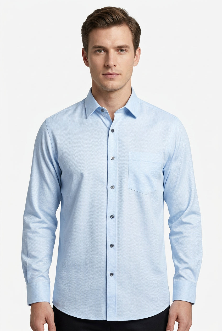 Light blue Dobby self Checks Soktas Shirting Fabric sold by mensfabric.com