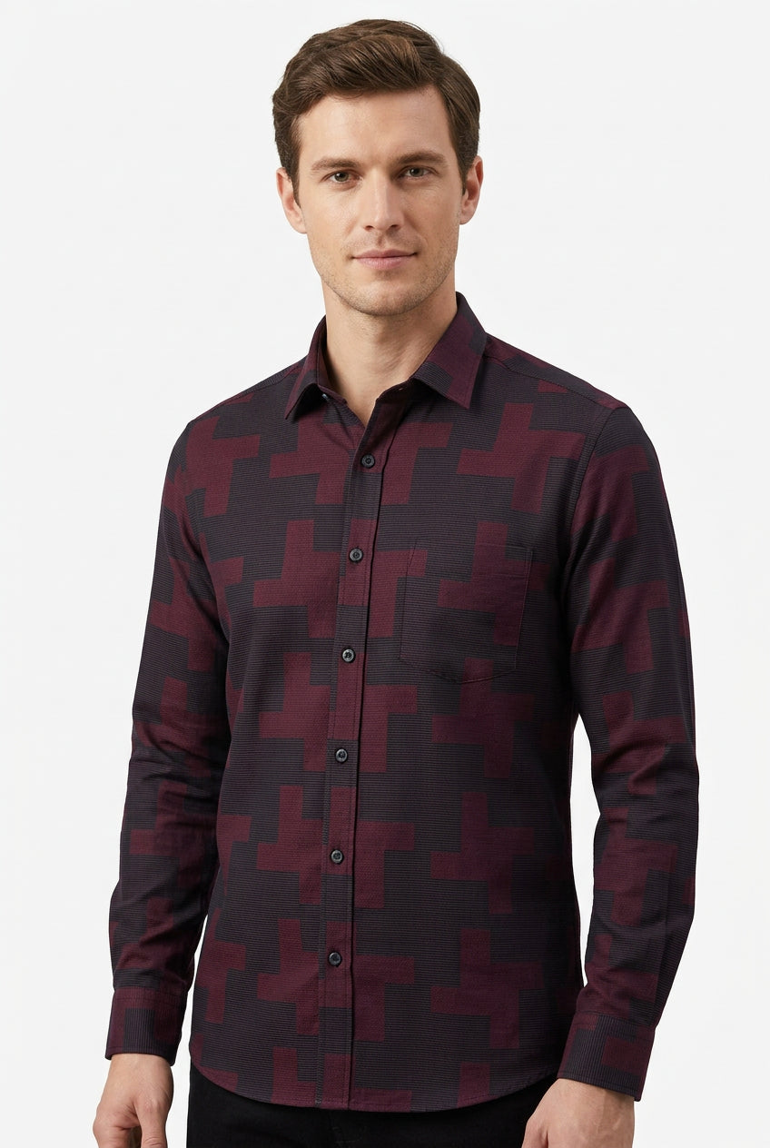 Dark Maroon Jacuard pattern Soktas shirting fabric sold by mensfabric.com