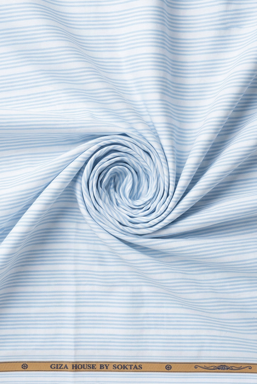 soktas giza cotton blue stripe on white background shirt fabric handfeel mockup by mensfabric.com