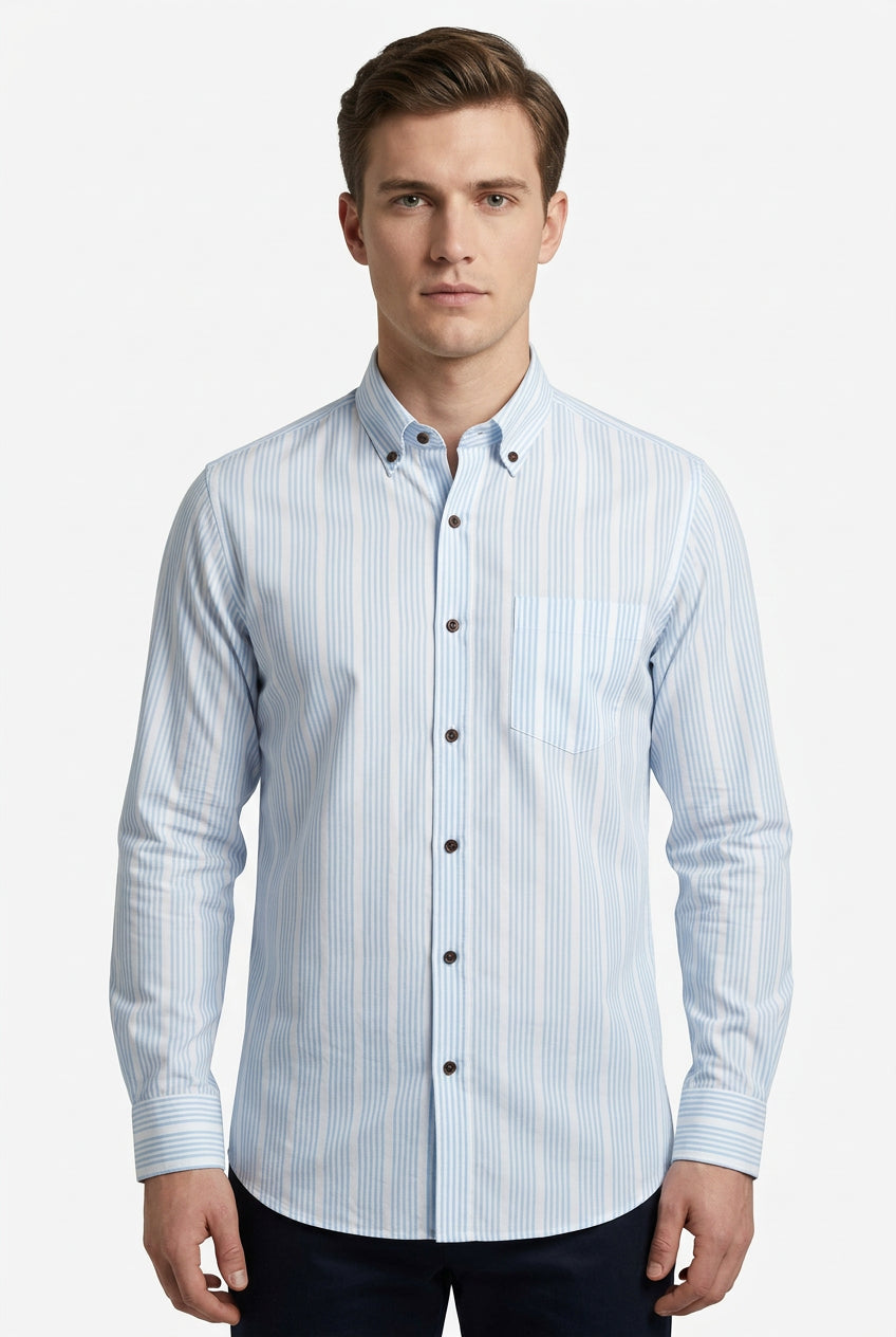 soktas giza cotton blue stripe on white background readymade shirt sold by mensfabric.com