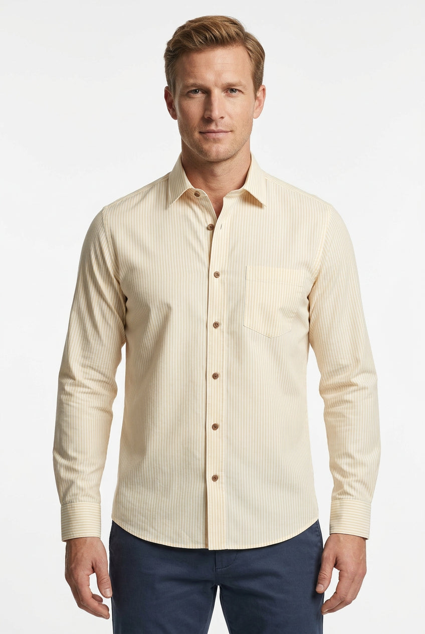 Yellow pinstripe on white background Soktas Shirting Fabric sold by mensfabric.com