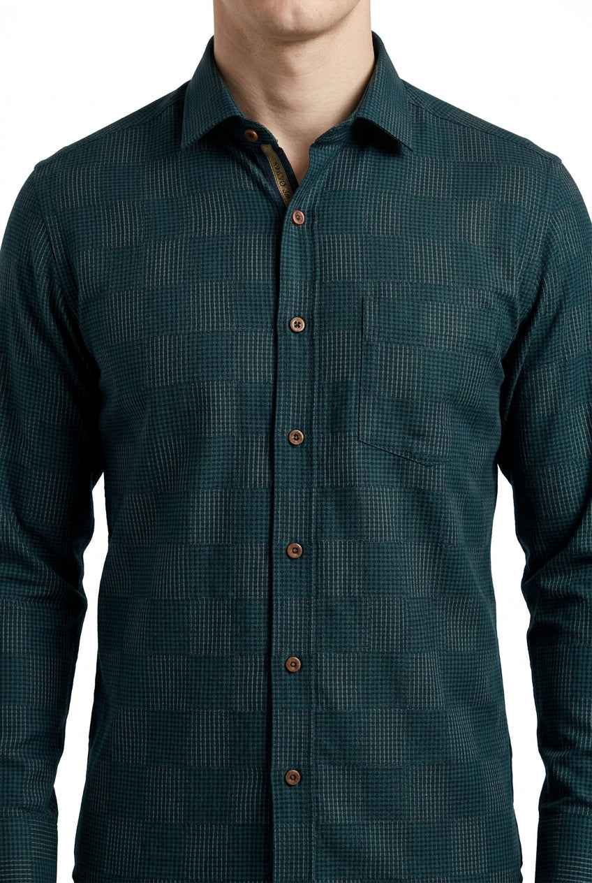 Soktas Giza Cotton readymade shirt with dark green dobby checks sold by mensfabric.com