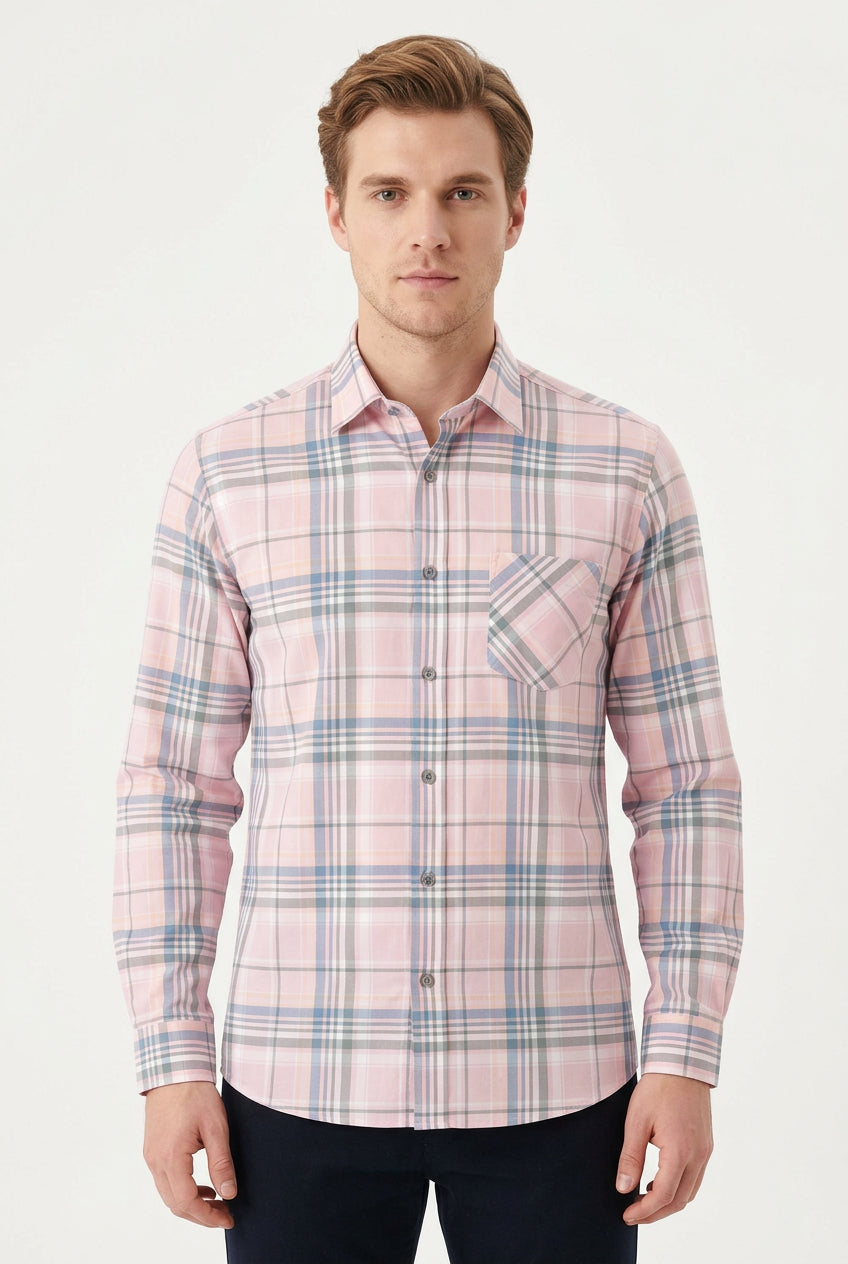 Soktas Giza cotton readymade shirt burberry check multi coloured pattern on a pink background sold by mensfabric.com