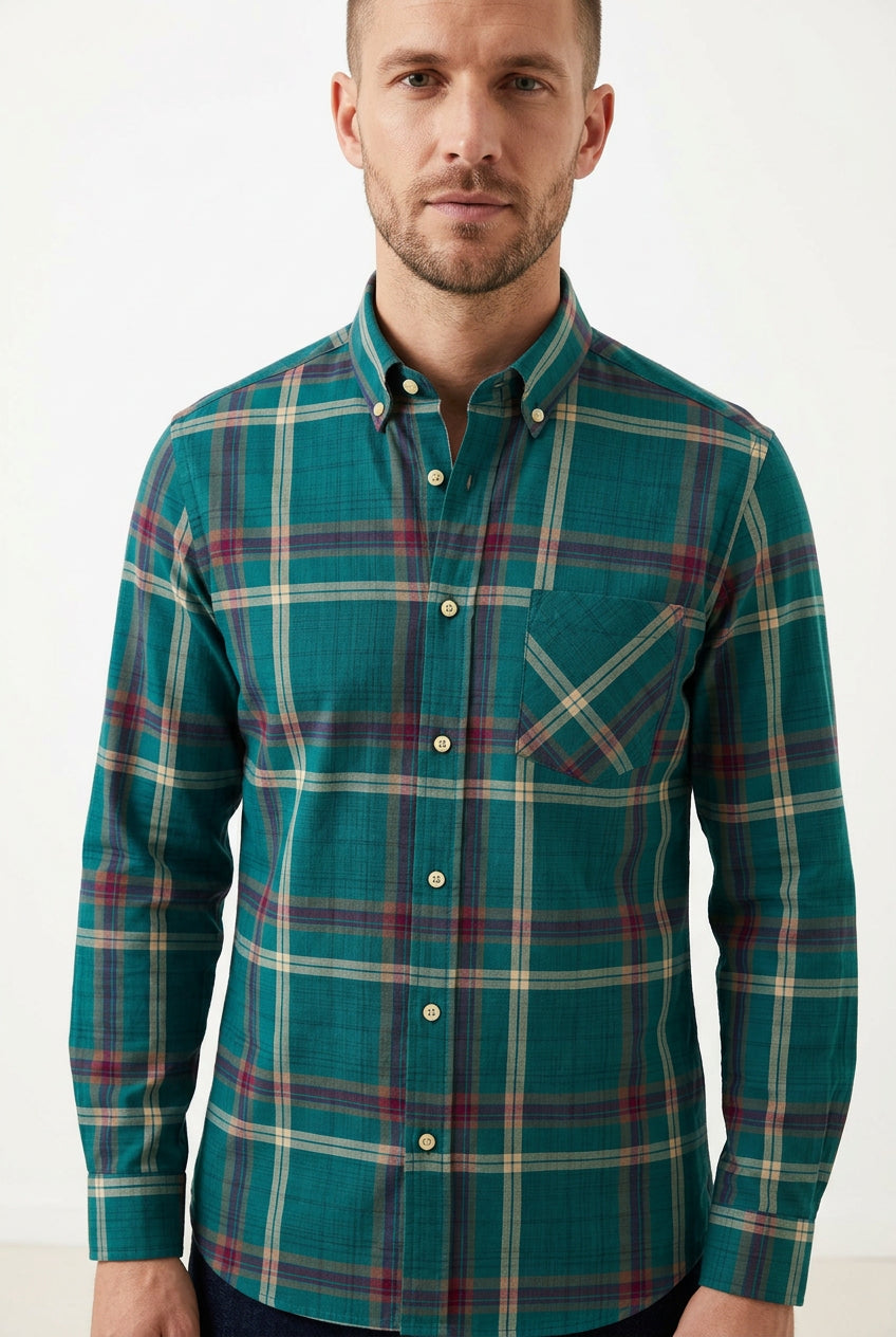 Soktas Giza cotton readymade shirt red & yellow check on peacock green background sold by mensfabric.com