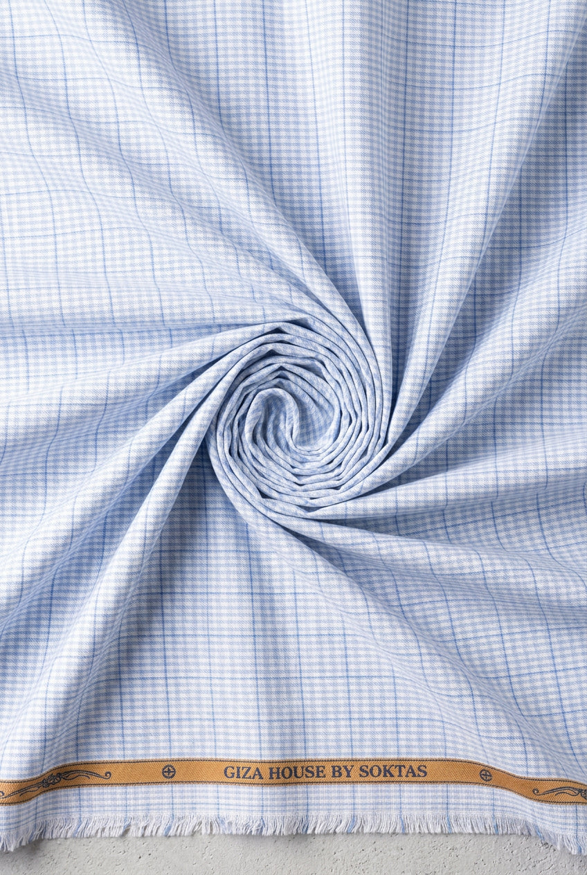 Soktas Giza cotton blue check on white background handfeel sold by mensfabric.com