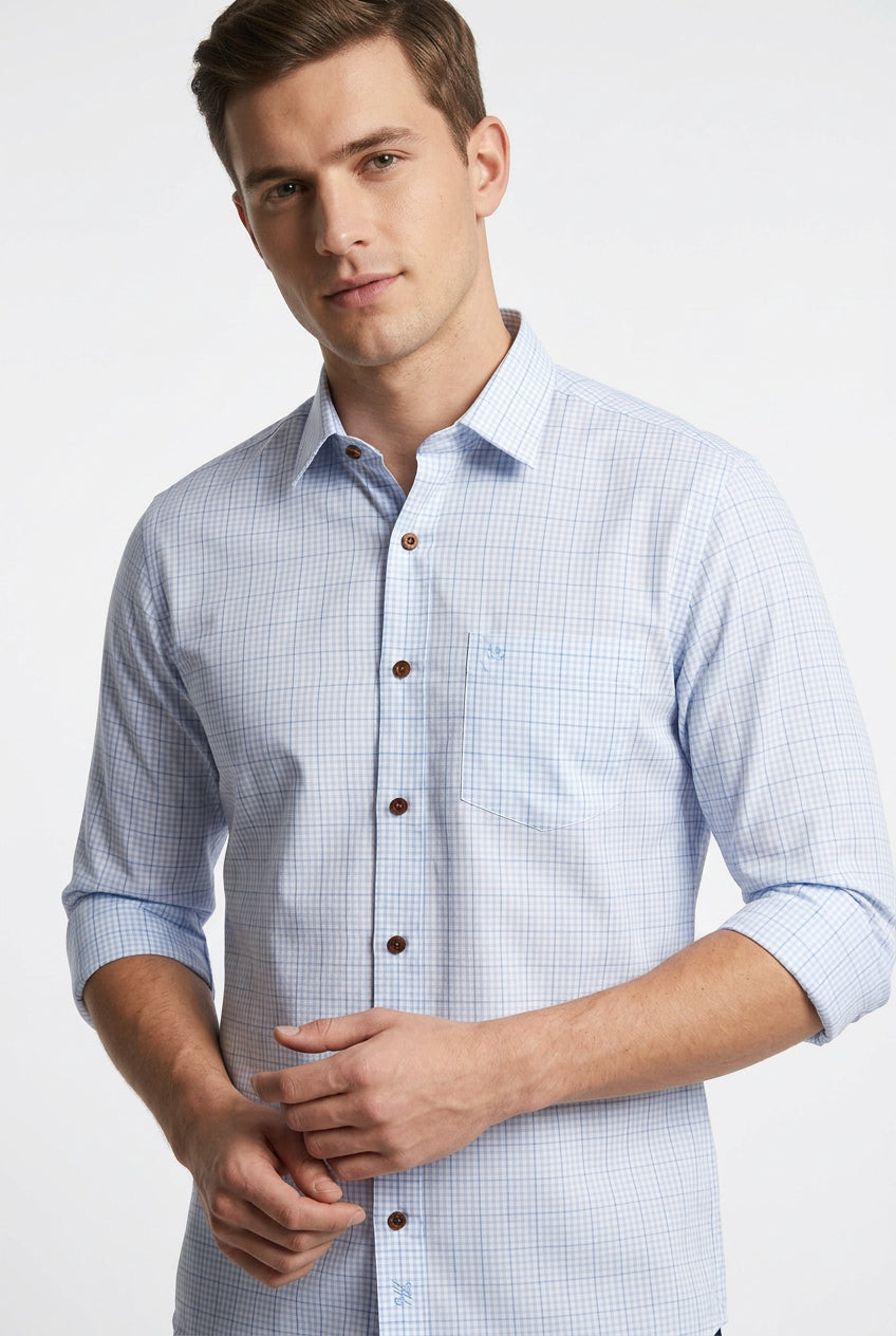 Soktas Giza cotton ready-made shirt with blue checks on white background sold by mensfabric.com