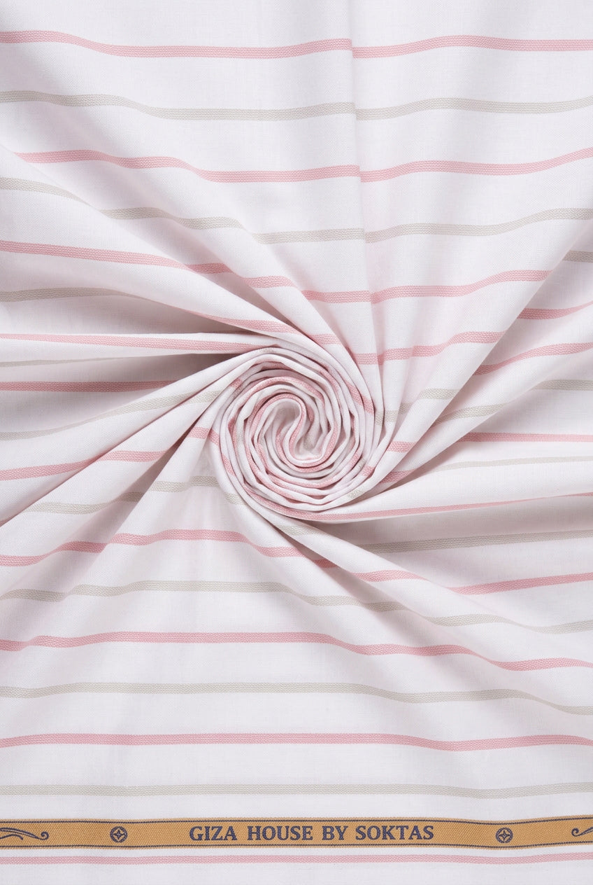 SOKTAS GIZA COTTON SHIRTING FABRIC WITH GREY AND PINK STRIPE ON WHITE BACKGROUND