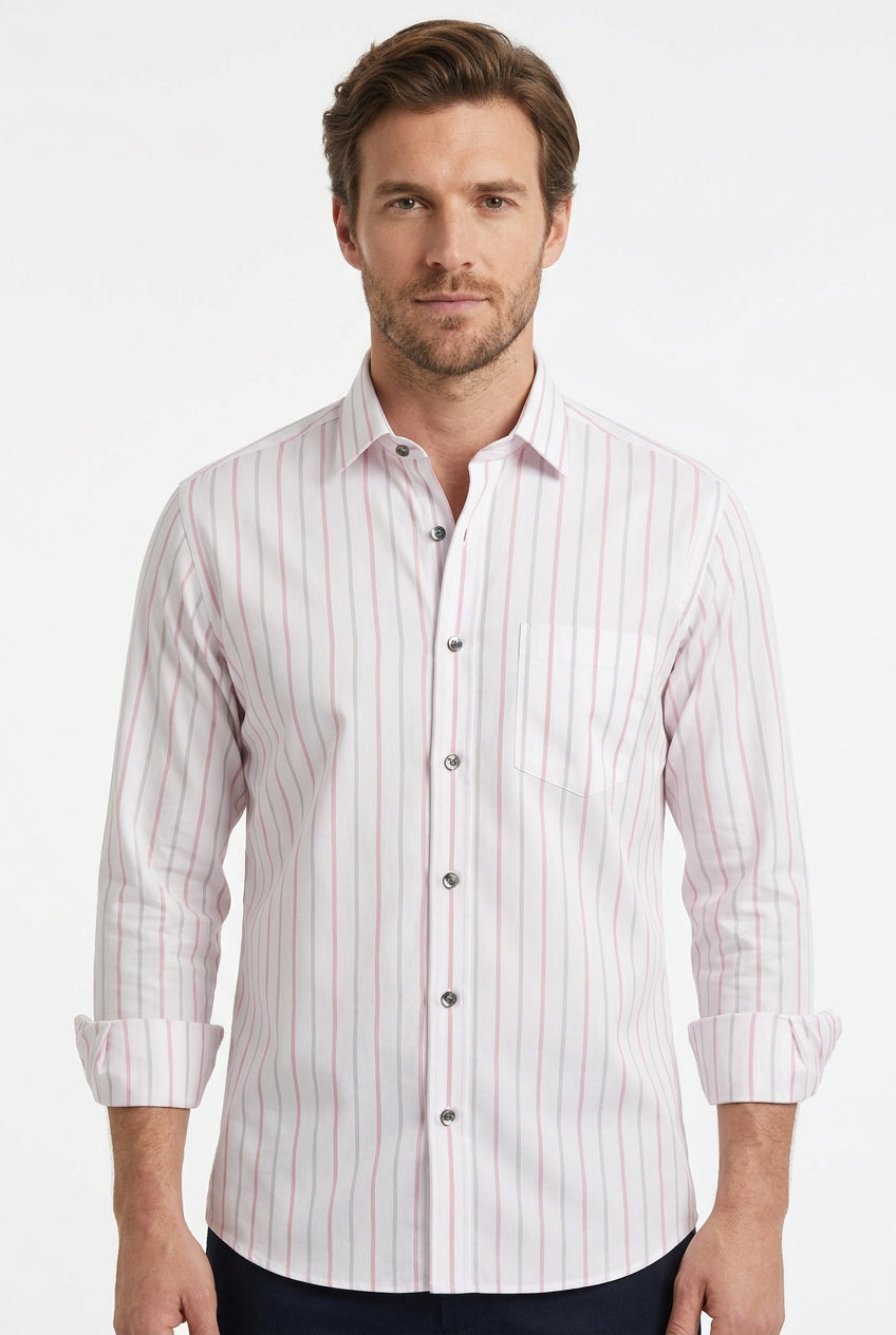 Soktas Giza cotton readymade shirt with red & grey stripes on white background sold by mensfabric.com