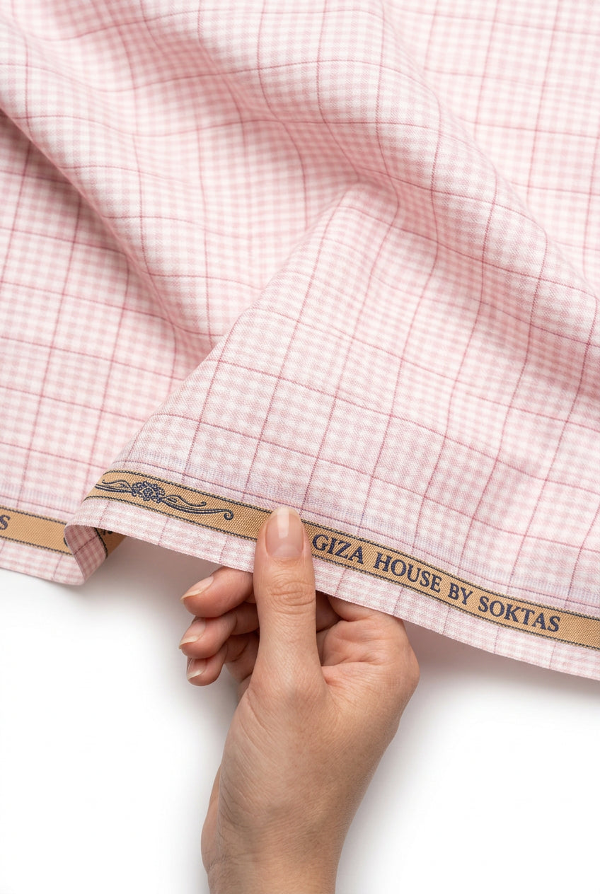 Red & Pink Checks on white background Soktas shirting fabric sold by mensfabric.com