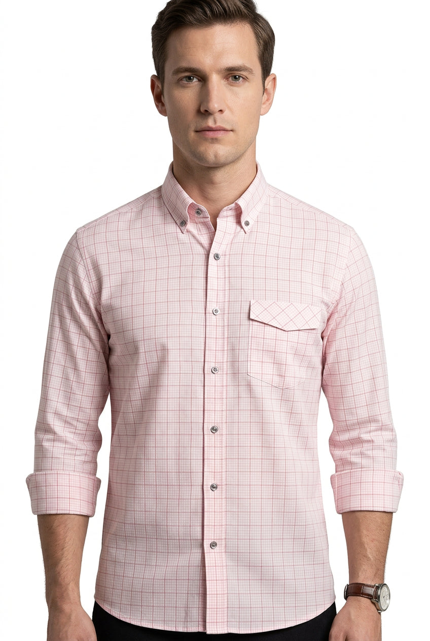 Red & Pink Checks on white background Soktas shirting fabric sold by mensfabric.com
