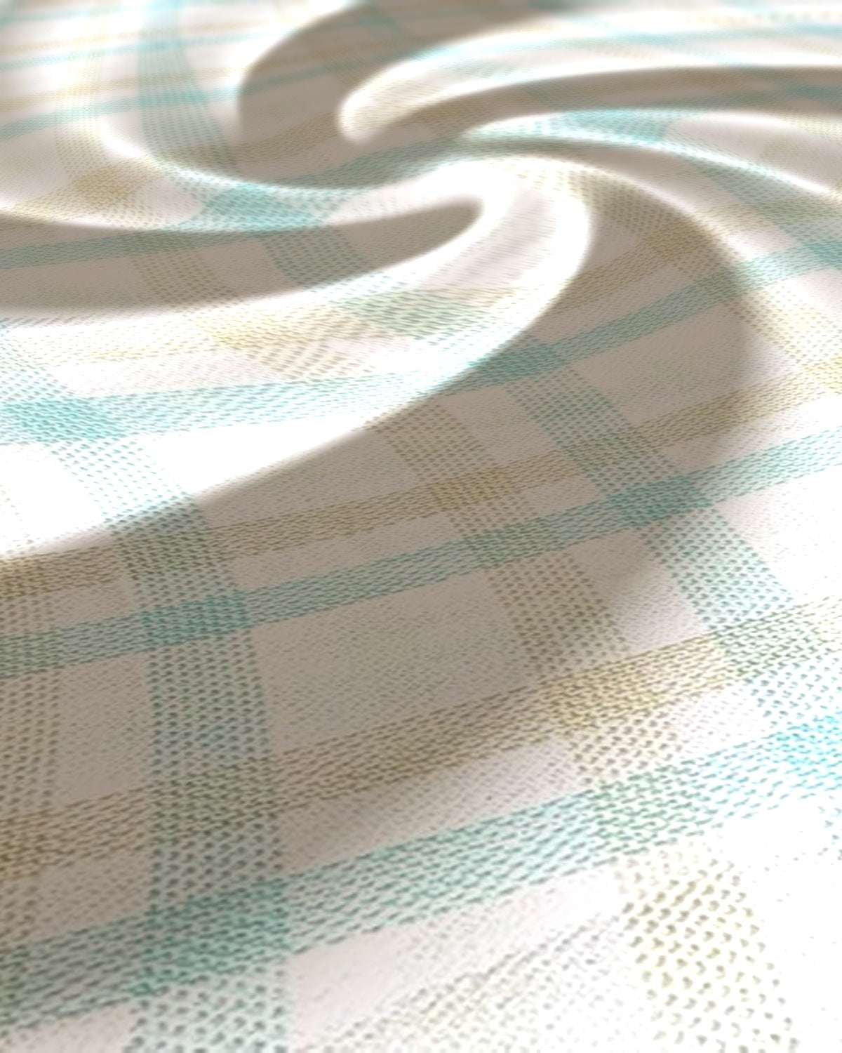Arvind Shirt Fabric Giza Cotton Green Checks on White - weave close-up with draped swirl