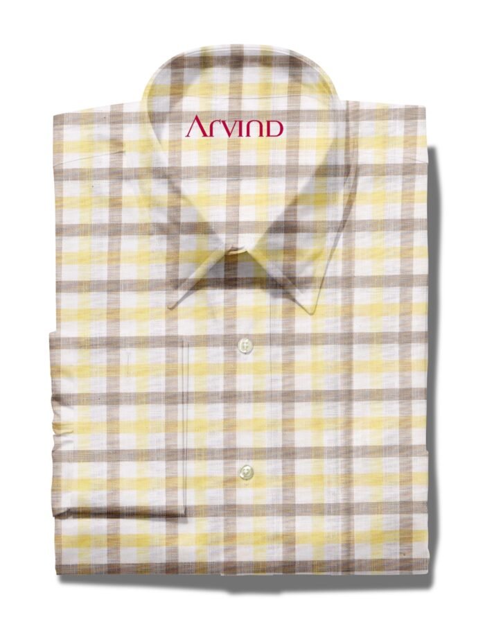 Arvind White Backgrownd with Yellow and Brown Checks Shirt