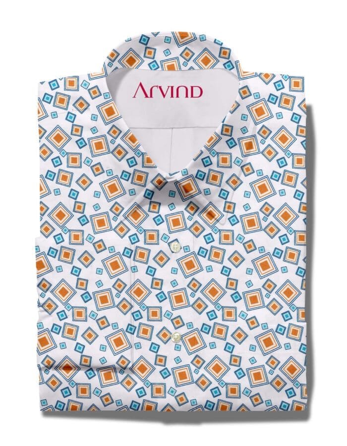 Arvind Digital Print Orange & Blue shirting fabric