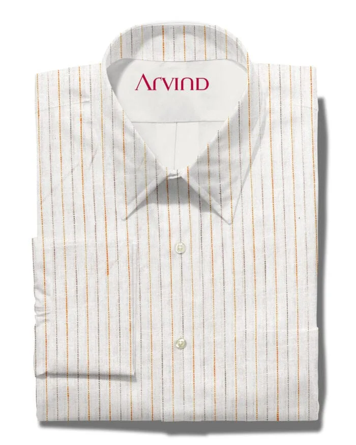 Arvind Light Orange Striped 70 lea Linen Shirt fabric