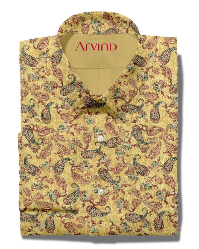 Arvind Jacquard Printed yellow shirt